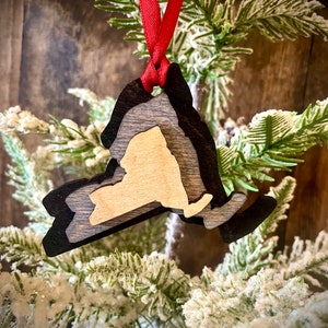 New York 3-layer stacked state ornament laser cut wood ornament, New York gift tag available in brown tones or gray tones.