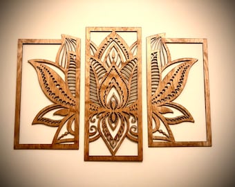 Lotus Flower mandala wood wall art, 3 panel in multiple sizes and finishes, decor wall art original