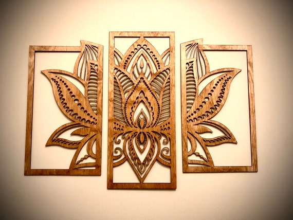  Juego de 3 piezas de arte de pared de madera tallada con diseño  de mandala, diseño floral estético de madera, decoración de pared de madera  con recortes modernos para decoración del