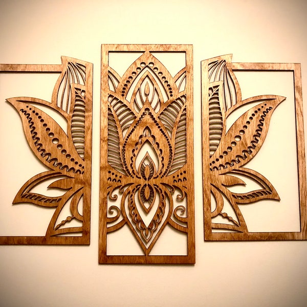 Lotus Flower mandala wood wall art, 3 panel set, in multiple sizes and finishes