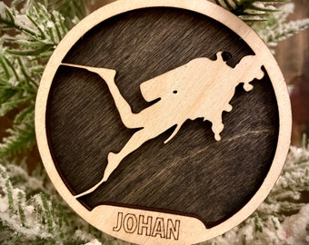 Scuba diver scuba diving 2-layer personalized laser cut wood Christmas ornament, gift tag available unfinished or stained