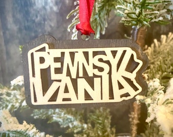 Pennsylvania word art 2-layer ornament laser cut wood ornament, Pennsylvania gift tag available unfinished or 11 other finish choices