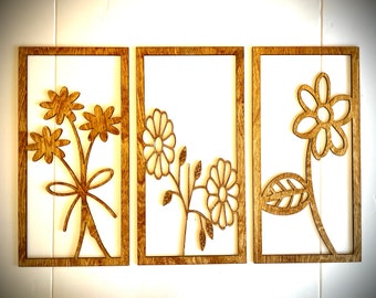 Boho Daisy wall art panels, 3 piece set, available in multiple sizes and finishes