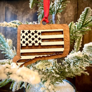 Connecticut US Flag 2-layer ornament laser cut wood ornament or gift tag available unfinished or 11 other finish choices
