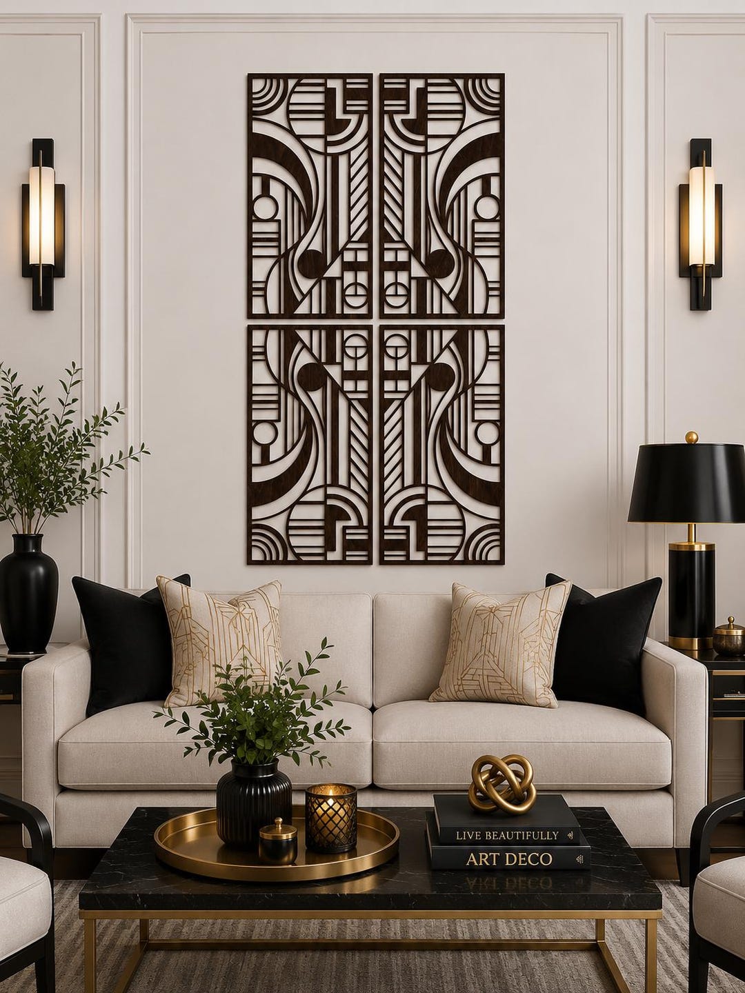 Art Deco Geometric Wood Wall Art | Large Modern 4 Panel Wall