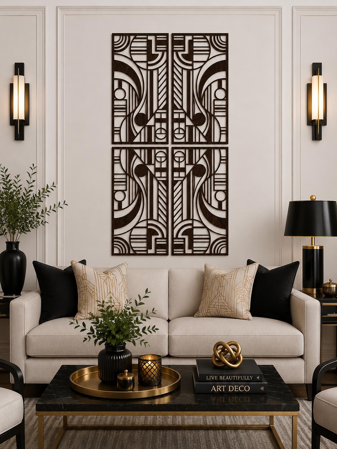 インテリアアート　ART DECO Art Deco Geometric Wood Wall Art | Large Modern 4 Panel Wall