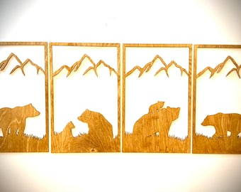 Bear and bear cub with mountains and trees wood wall art, 4 panel in multiple sizes and finishes, decor wall art original