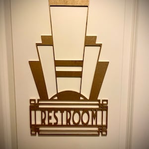 Boho Modern Frank Lloyd Wright-inspired Art Deco Gatsby Marquee Restroom Sign in bright gold or 12 other finishes, decor wall art original