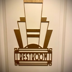 Boho Modern Frank Lloyd Wright-inspired Art Deco Gatsby Marquee Restroom Sign in bright gold or 14 other finishes, decor wall art original