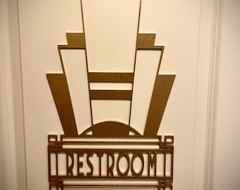 Boho Modern Art Deco Gatsby Marquee Restroom Sign in bright gold or 14 other finishes, decor wall art original