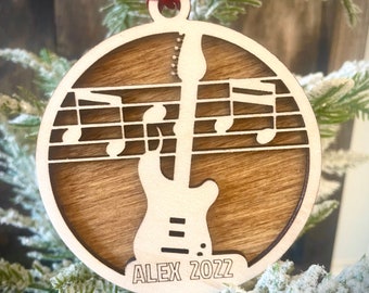 Electric guitar 2-layer personalized laser cut wood Christmas ornament, gift tag available unfinished or stained