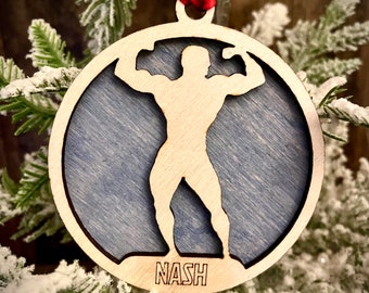 Male bodybuilder bodybuilding 2-layer personalized laser cut wood Christmas ornament, gift tag available unfinished or stained