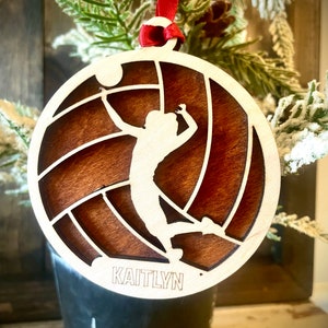 Volleyball player 2-layer personalized laser cut wood Christmas ornament, gift tag available unfinished or stained (version 4 of 12)