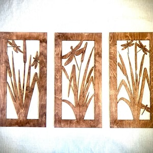 Dragonfly and cattail wood wall art, 3 panel in multiple sizes and finishes, decor wall art original