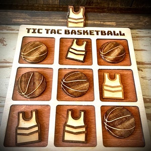 Basketball game - Tic Tac Basketball.  Laser engraved and cut wood game available in 12 finishes.  Great basketball gift, birthday gift