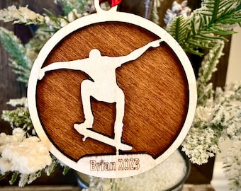 Skateboard skater 2-layer personalized laser cut wood Christmas ornament, gift tag available unfinished or stained version 1 of 2
