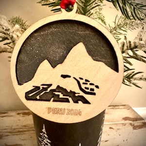 Machu Picchu Incan Citadel 2-layer personalized laser cut wood Christmas ornament, gift tag available in 12 finishes.