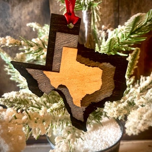 Texas 3-layer stacked state ornament laser cut wood ornament, Texas gift tag available in brown tones or gray tones.