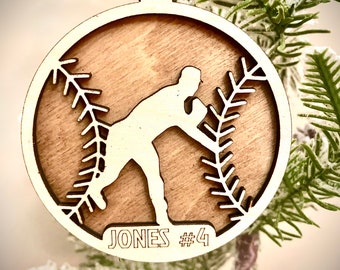 Baseball player 2-layer personalized laser cut wood Christmas ornament, gift tag available unfinished or stained (version 6 of 6)