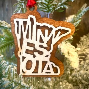 Minnesota word art 2-layer ornament laser cut wood ornament, Minnesota gift tag available unfinished or 11 other finish choices