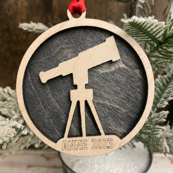 Telescope astronomy star gazing 2-layer personalized laser cut wood Christmas ornament, gift tag available unfinished or stained