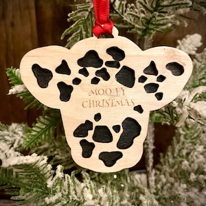 2 color Holstein cow 2 layer personalized laser cut wood Christmas ornament, cow gift tag, available unfinished or stained