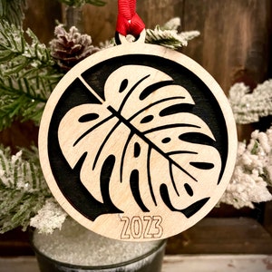 Monstera Leaf 2-layer personalized laser cut wood Christmas ornament, gift tag available unfinished or stained