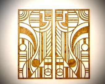 Boho Modern Frank Lloyd Wright-inspired Art Deco Geometry wood wall art, 2 panel available in multiple sizes and finishes, decor wall art