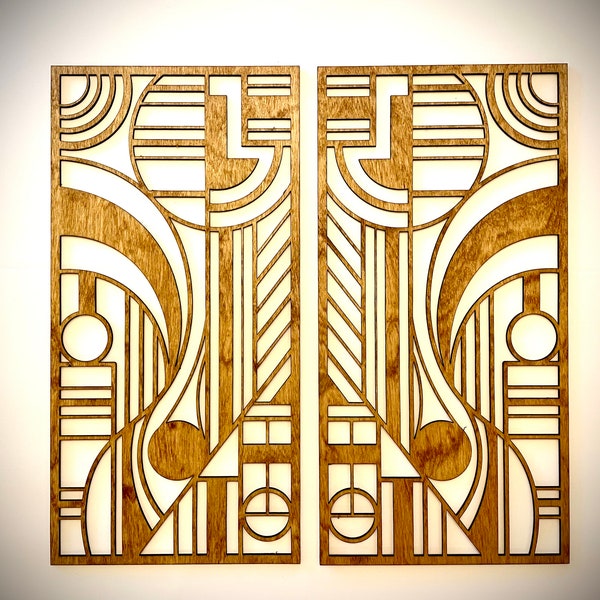 Boho Moderne Frank lllloyd Wright-inspirierte Art Deco Geometrie Holz Wandkunst, 2 Panel in verschiedenen Größen und Ausführungen erhältlich, Dekor Wandkunst