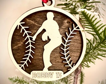 Baseball player 2-layer personalized laser cut wood Christmas ornament, gift tag available unfinished or stained (version 2 of 6)