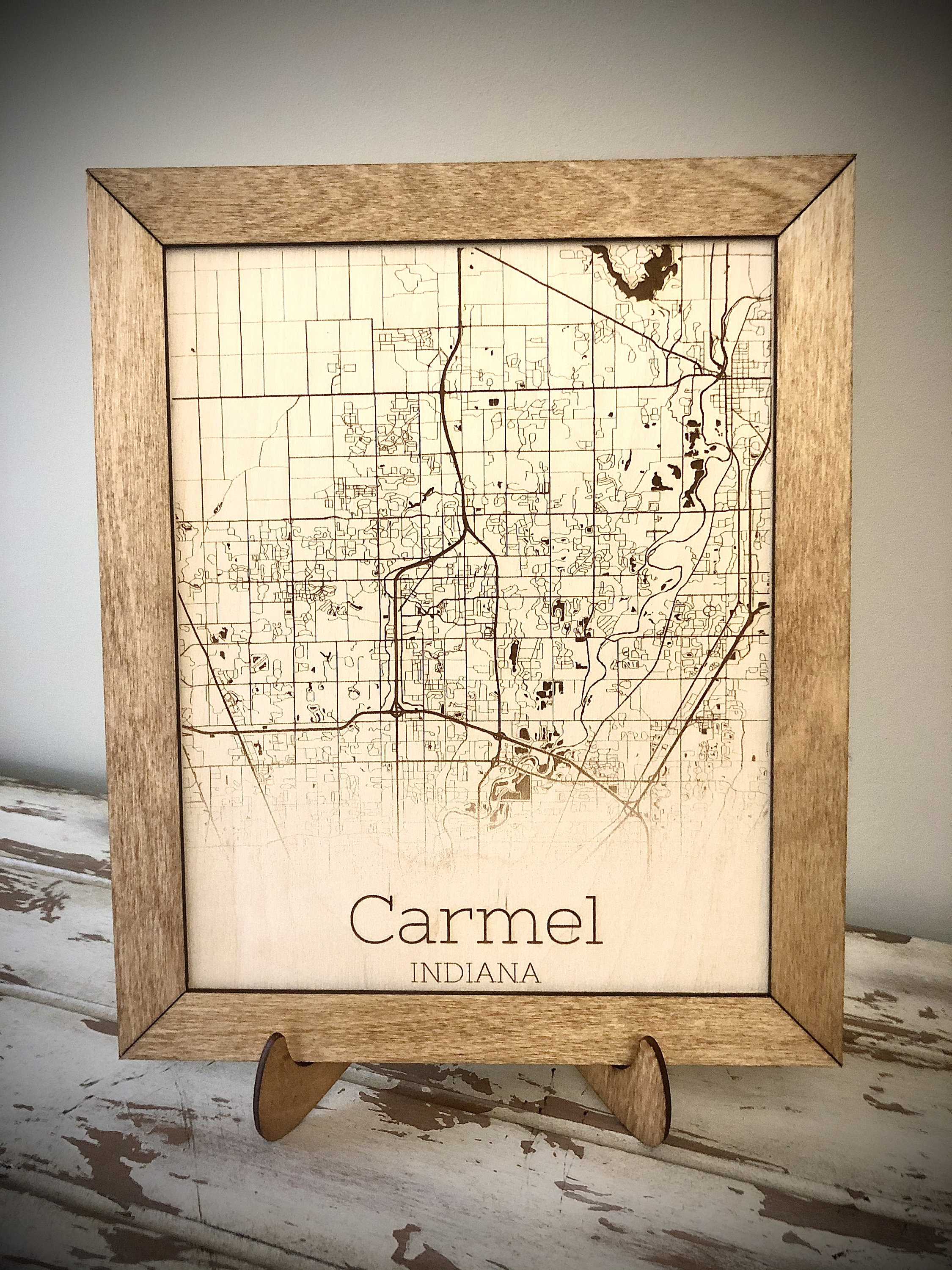Carmel Indiana Map Engraved on Wood With Easel Etsy