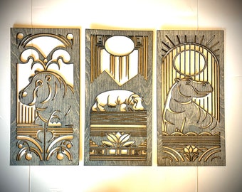 Art Deco hippopotamus three panel wall art set in multiple sizes and finishes