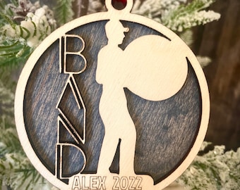 Marching band bass drum player 2-layer personalized laser cut wood Christmas ornament, gift tag available unfinished or stained v. 12 of 18
