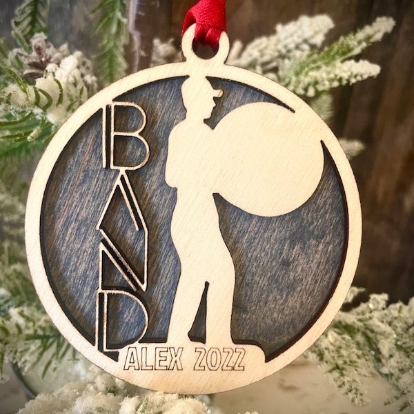 Marching band bass drum player 2-layer personalized laser cut wood Christmas ornament, gift tag available unfinished or stained v. 12 of 18
