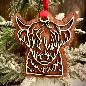 Highland cattle Scottish highland 2-layer laser cut wood Christmas ornament, gift tag, available unfinished or stained