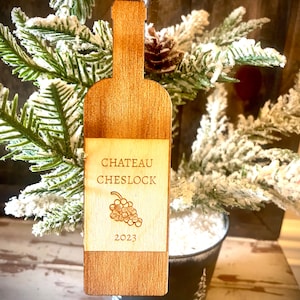 Personalized Wine Bottle engraved wood ornament.  Great gift for wine lovers.