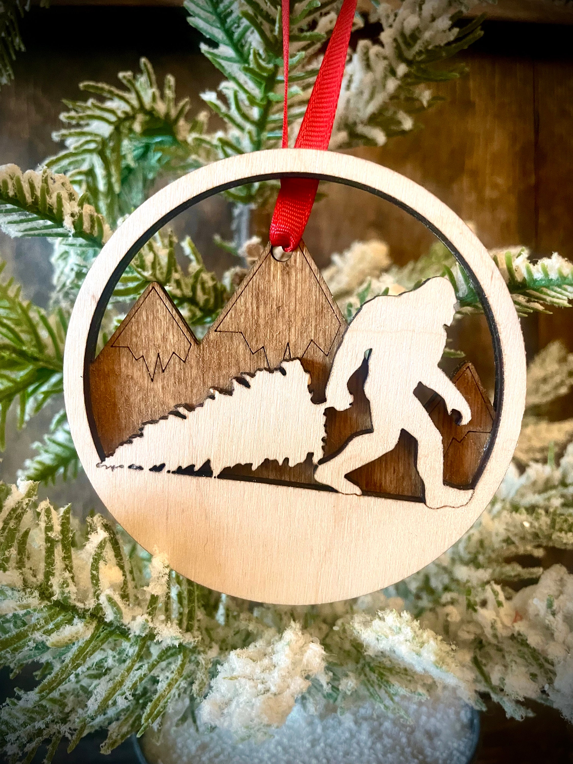 Big Foot Yeti Sasquatch dragging Christmas tree 2-layer laser cut wood Christmas ornament, gift tag available unfinished or stained