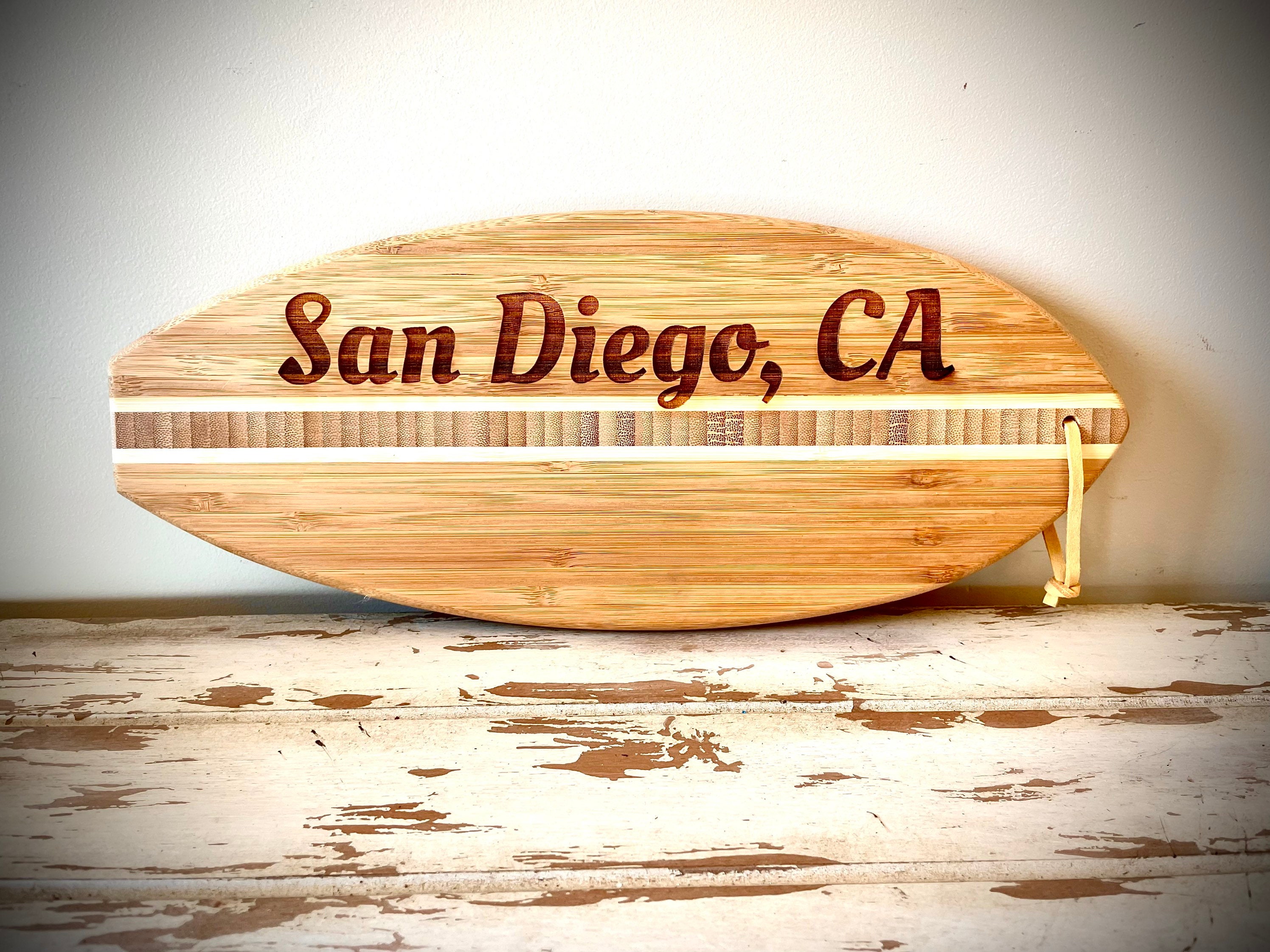 Personalized Engraved Mini Surfboard Bamboo Cutting Board by Sunny Box