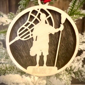 Lacrosse player 2-layer personalized laser cut wood Christmas ornament, gift tag available unfinished or stained (version 15 of 16)