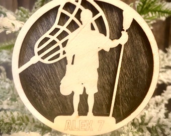 Lacrosse player 2-layer personalized laser cut wood Christmas ornament, gift tag available unfinished or stained (version 15 of 16)