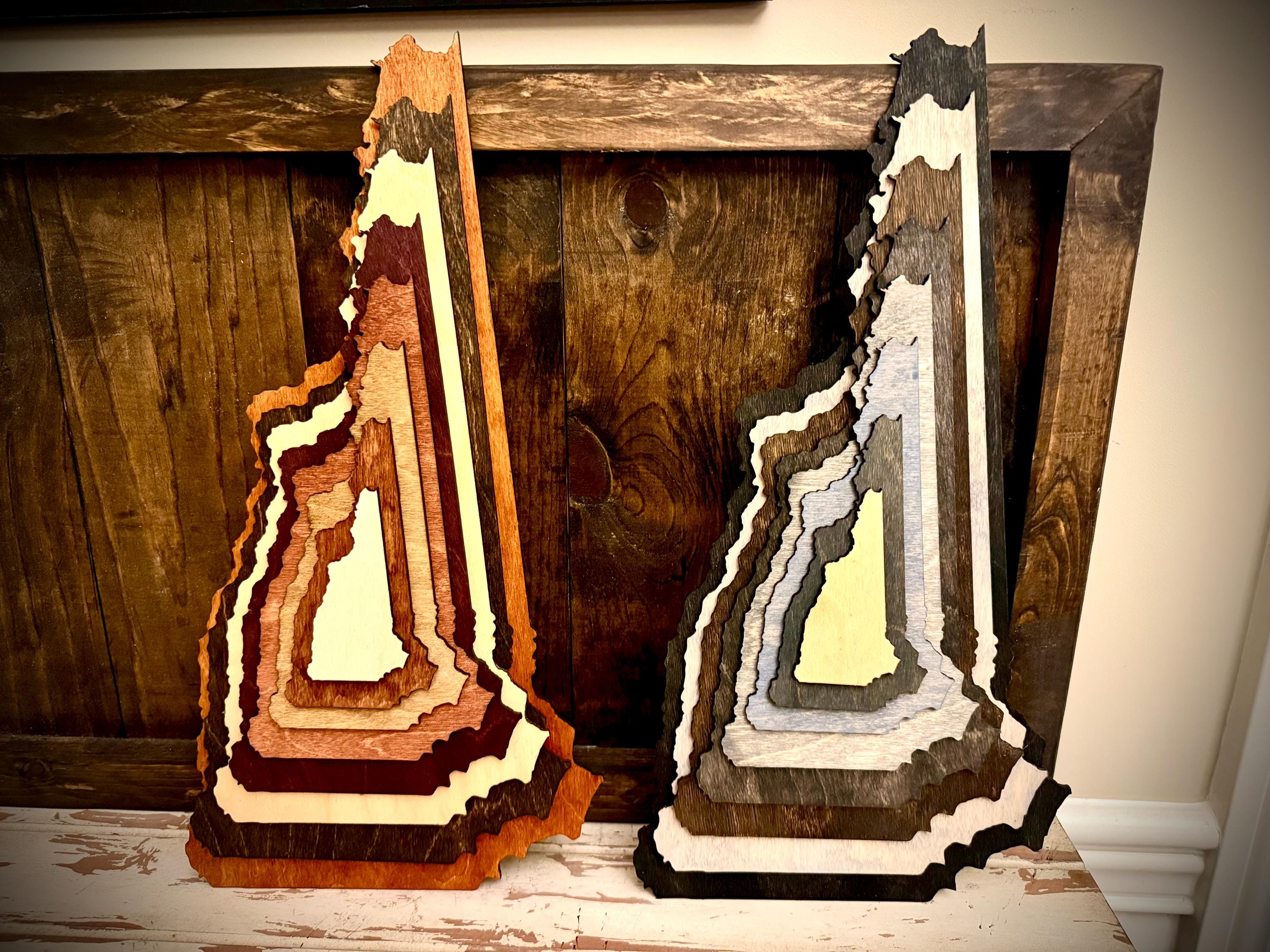 New Hampshire Stacked wood 3D state table art, New Hampshire wall art, New Hampshire home decor, multi-color; Live Free or Die Granite State