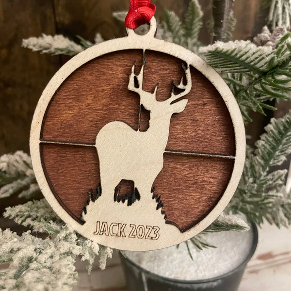 Hunter hunting deer in crosshairs 2-layer personalized laser cut wood Christmas ornament, gift tag available unfinished or stained