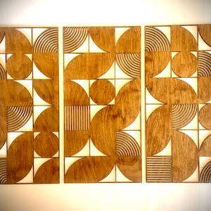 Boho Modern Bauhaus style wood wall art, 3 panel in multiple sizes and finishes, decor wall art set A