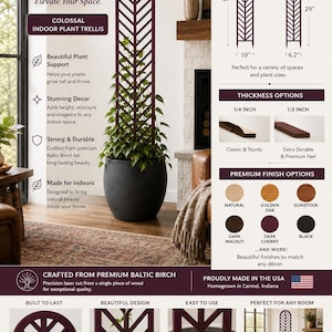 May include: A dark cherry herringbone trellis for indoor plants, featuring a laser-cut wooden design. The graphic displays two sizes, 47 inches by 10 inches and 29 inches by 6.2 inches, with thickness options of 1/4 inch and 1/2 inch, plus finish choices.