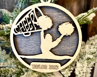 Cheer / Cheerleader 2-layer personalized laser cut wood Christmas ornament, gift tag available unfinished or stained (version 2 of 18)