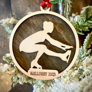 Figure Skating skater 2-layer personalized laser cut wood Christmas ornament, gift tag available unfinished or stained #1 of 10.