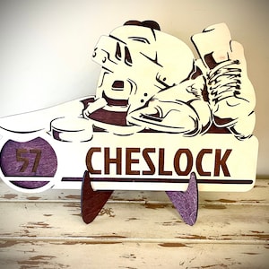 Personalized Custom Hockey Sign, Hockey Plaque with player name and number engraved-Skate & helmet design