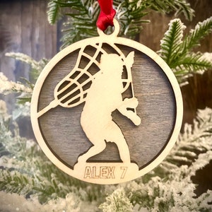 Lacrosse player 2-layer personalized laser cut wood Christmas ornament, gift tag available unfinished or stained (version 5 of 16)