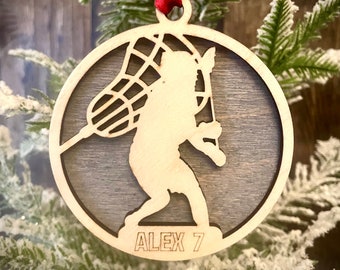 Lacrosse player 2-layer personalized laser cut wood Christmas ornament, gift tag available unfinished or stained (version 5 of 16)