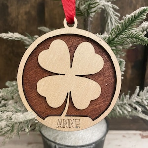 4 leaf clover 2-layer personalized laser cut wood Christmas ornament, gift tag available unfinished or stained